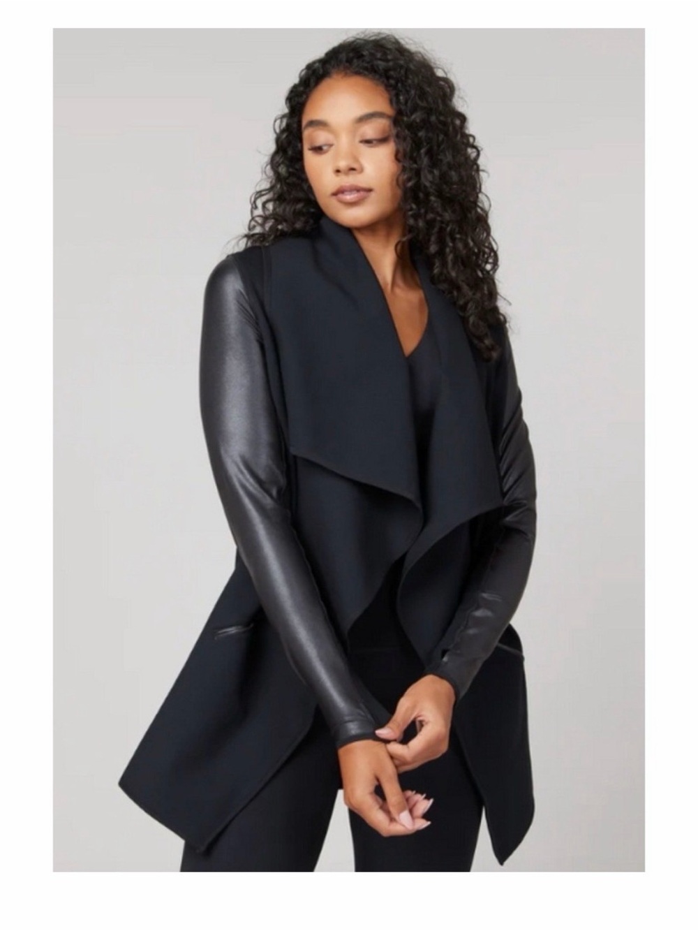 NWOT Spanx Ponte Vegan Leather Sleeve Drape Front Jacket Size Small Black